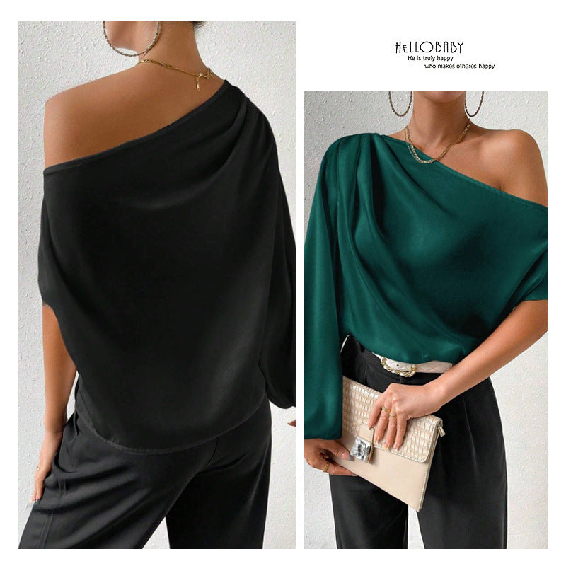 Damen elegante asymmetrische Bluse mit weiten Ärmel Drune
