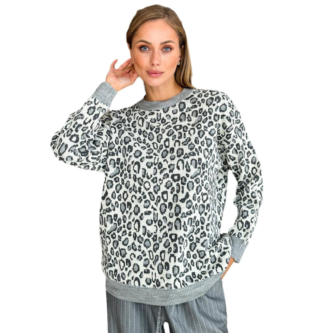 Damen lässiger Pullover mit modernem Leopardenmuster und Rundhalsausschnitt Drune