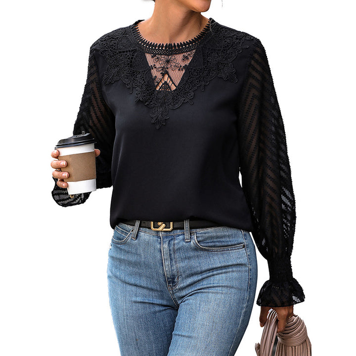 Damen elegante Bluse mit den mit Spitze verzierten Ärmeln Drune