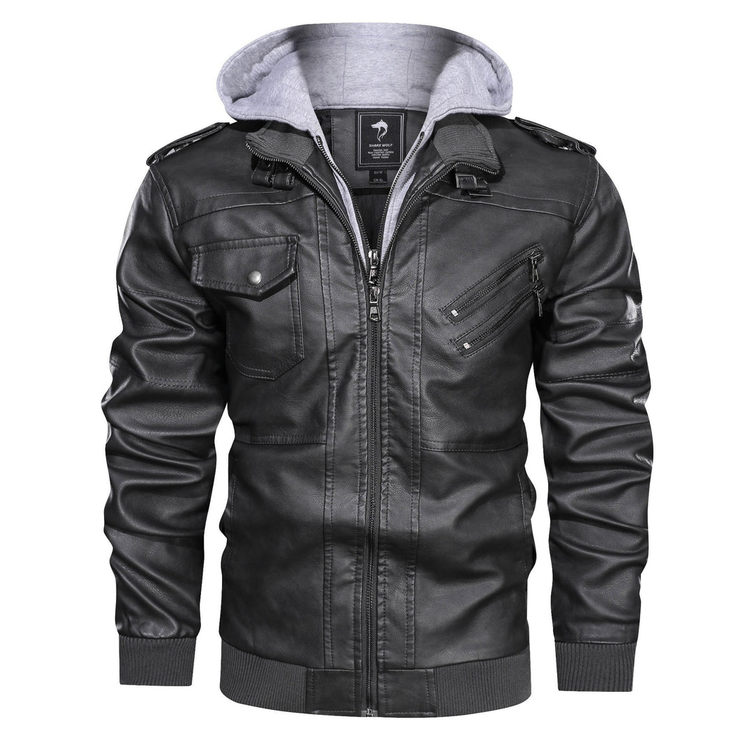 Herren Kunstlederjacke mit abnehmbarer Kapuze und Multifunktions-Taschen Drune