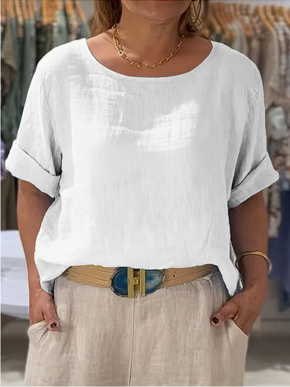 Damen lässige Leinenbluse mit umschlagbaren Ärmeln und weitem Schnitt Drune