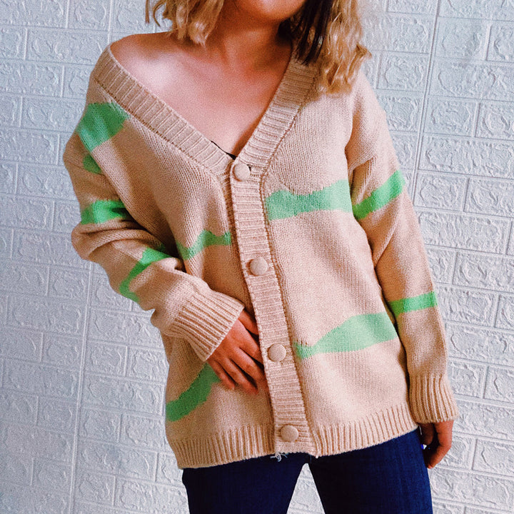 Damen gestreifte Strickjacke mit Knopfverschluss und weitem Schnitt Drune