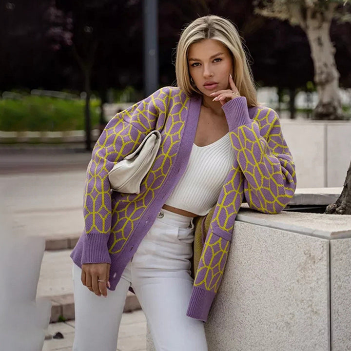 Damen Gemusterter Strickcardigan mit großer Knopfleiste Drune