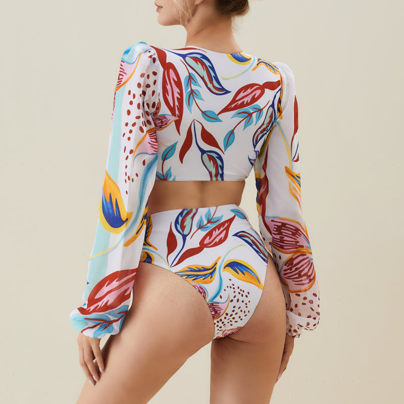 Damen Bikiniset mit langärmliger Bluse und trendy Muster Drune