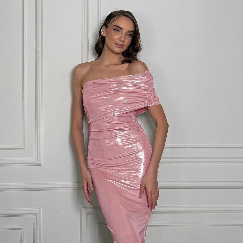 Damen schulterfreies elegantes Wickelkleid mit glänzenden Akzenten Drune