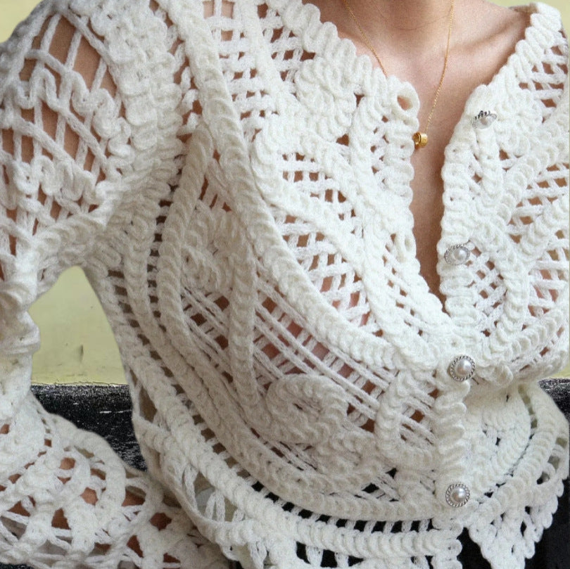 Damen Häkeljacke mit einzigartigem Muster und dekorativen Knöpfen Drune