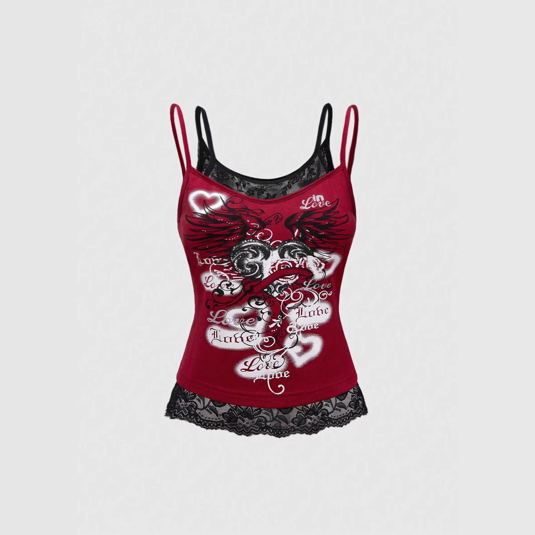 Damen Spitze Cami Top mit Grafischem Print Drune