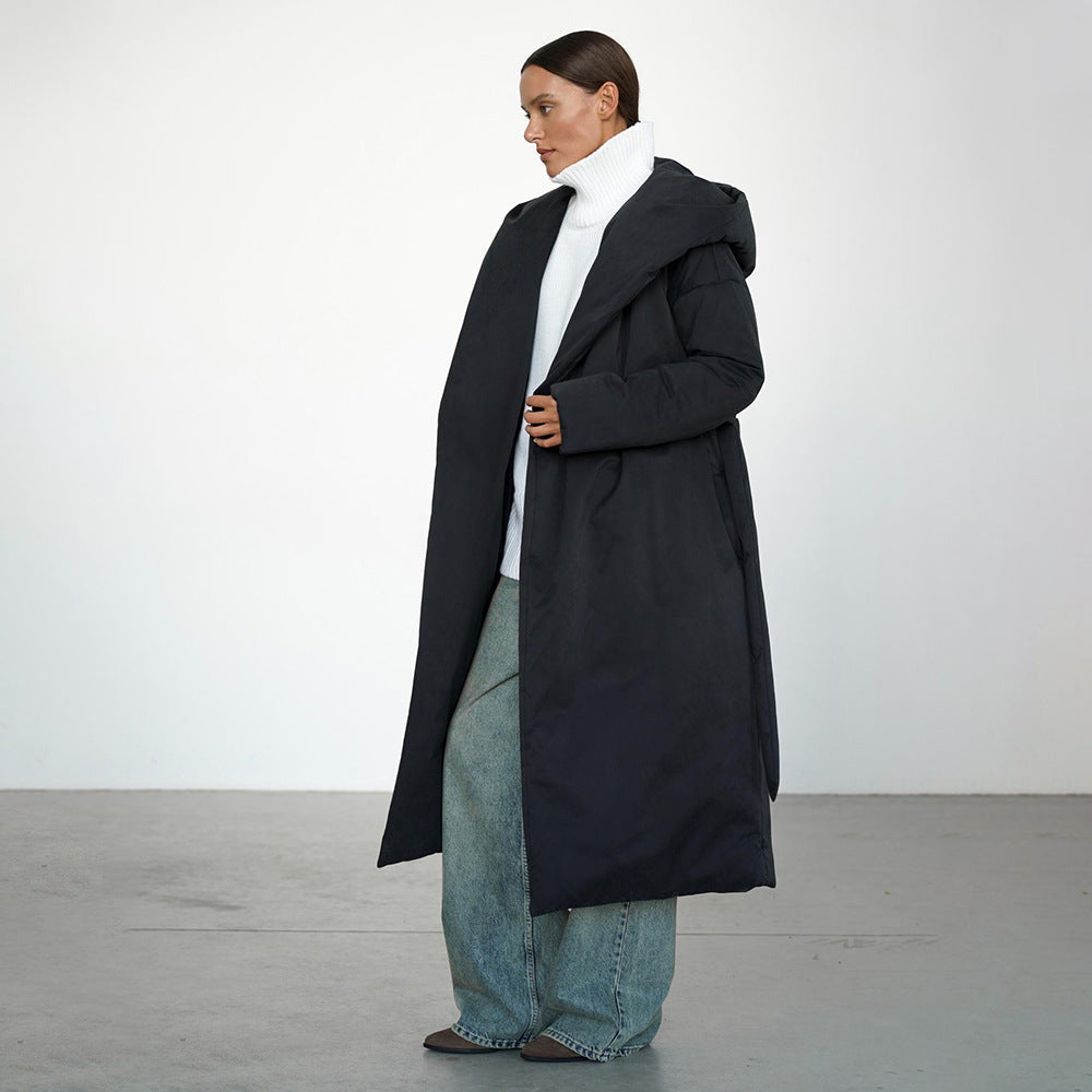 Damen Langmantel mit breitem Kragen und Taillengürtel Drune