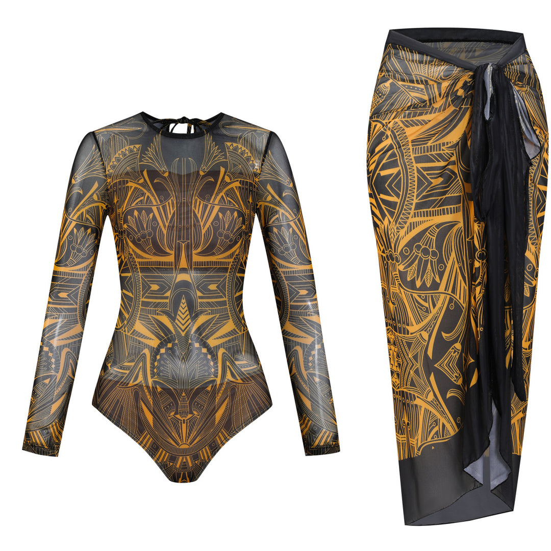 Damen Langarm-Badeanzug mit modernem Grafikdesign Drune