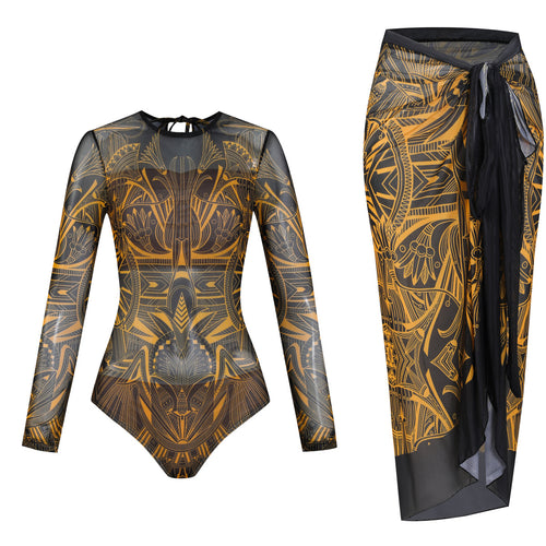Damen Langarm-Badeanzug mit modernem Grafikdesign Drune
