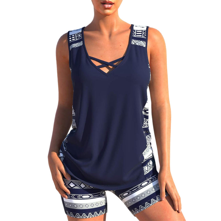 Damen nan sportlicher Tankini-Zweiteiler mit V-Ausschnitt und überkreuzten Brustträgern Drune