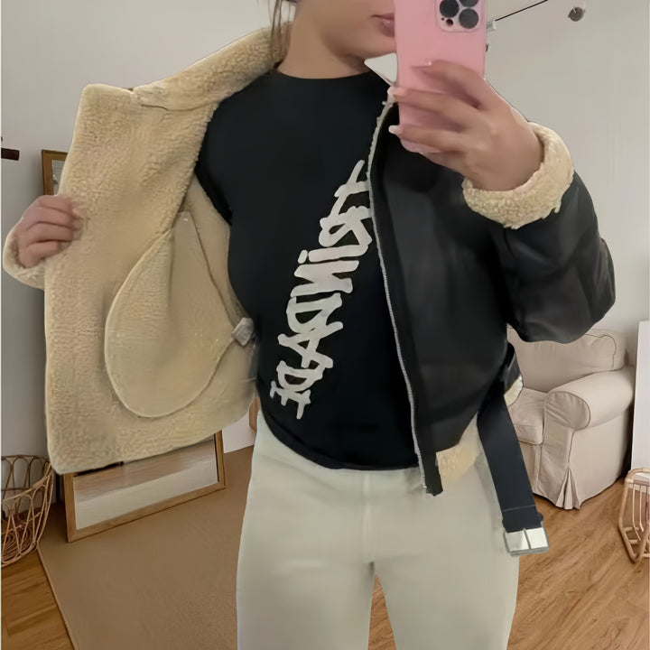Damen robuste und stylische Lederjacke mit Innenfutter Drune