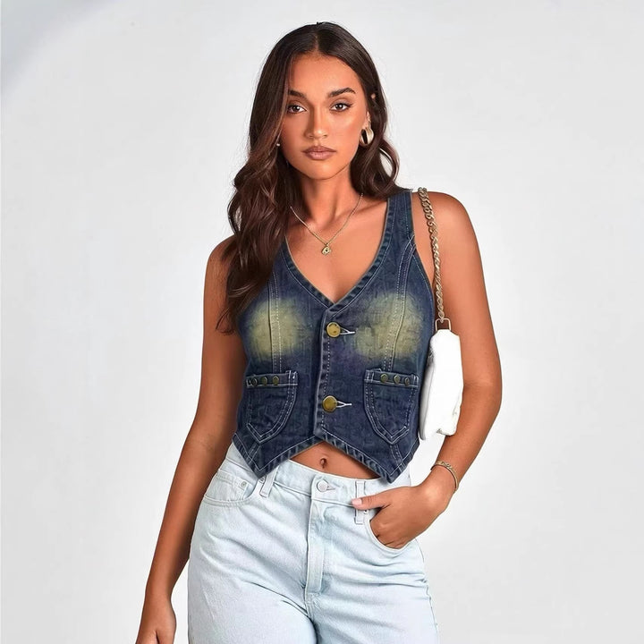 Damen Denim Bustier-Jacke mit Knopfdetails und aufgesetzten Taschen Drune