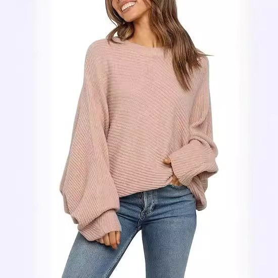 Damen lässiger Strickpullover mit weitem Schnitt und exquisitem Rippenmuster Drune