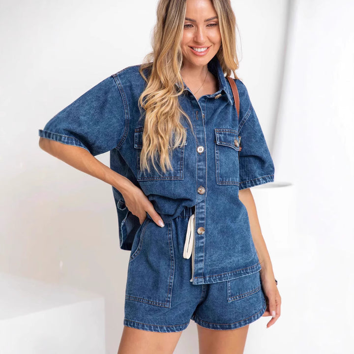 Damen Denim-Hemd und Shorts-Set im modischen Stil Drune