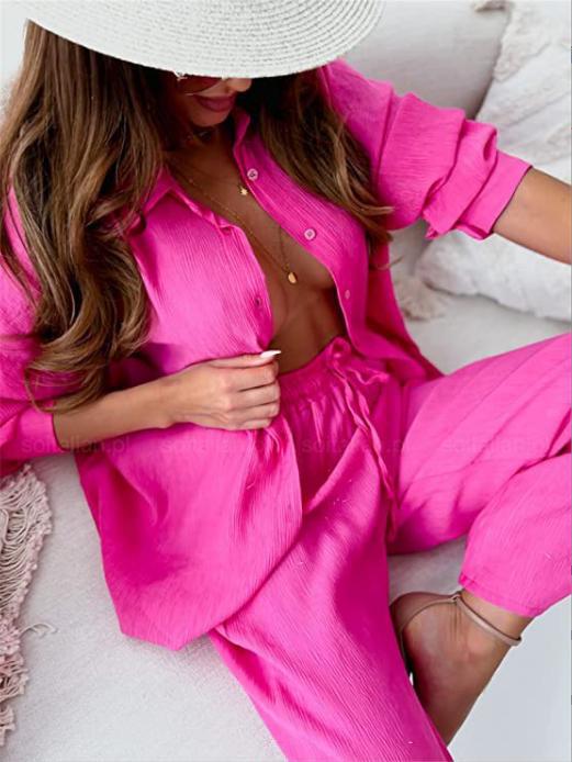 Damen nan lockeres zweiteiliges Lounge-Set mit Oversize-Hemd und elastischer Bundhose Drune