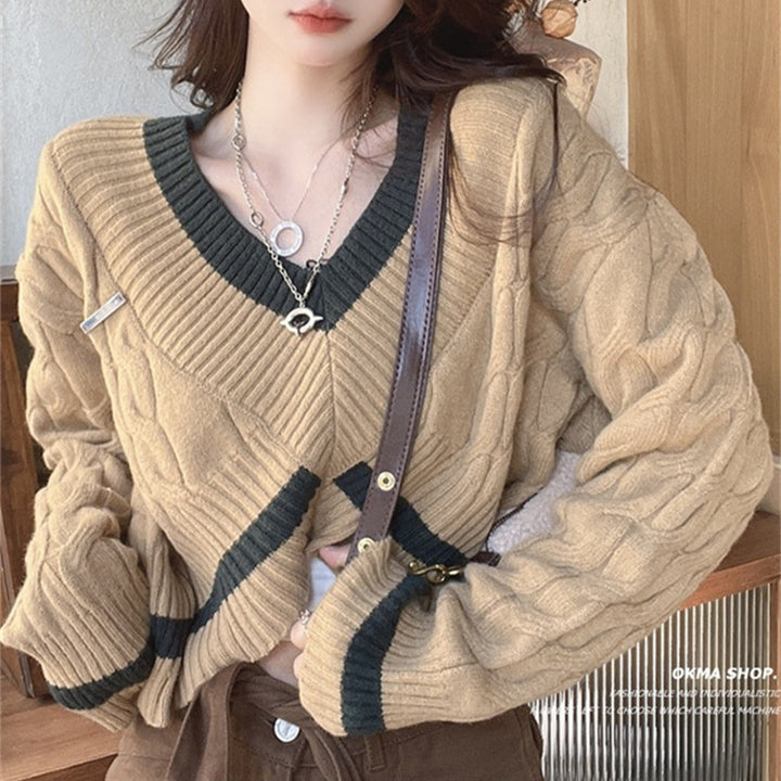 Damen stylischer cropped Pullover mit V-Ausschnitt und Zopfmuster Drune