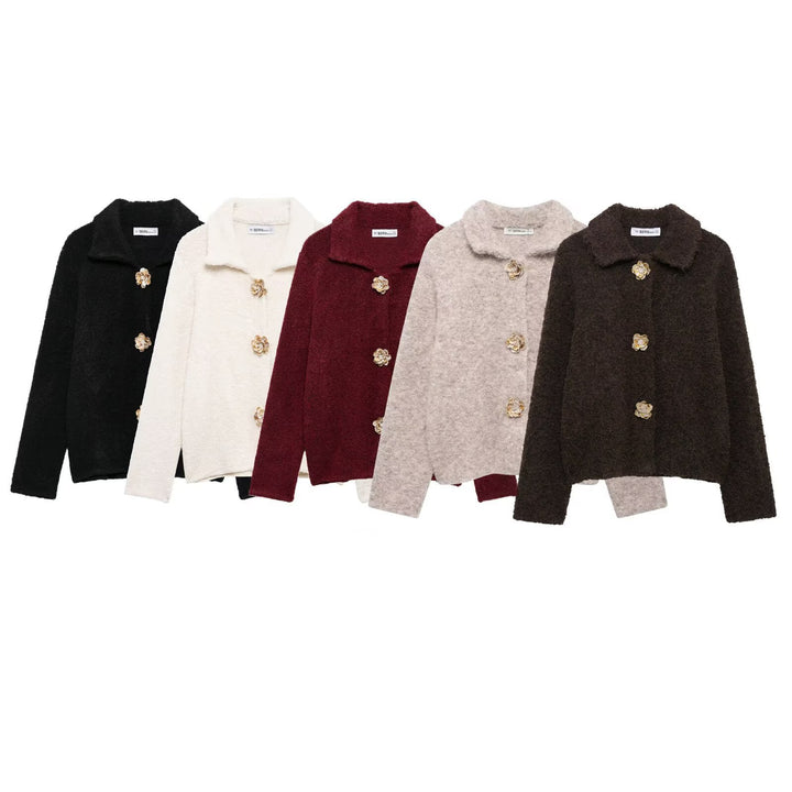 Damen Teddyjacke mit eleganten Blumenknopfdetails Drune