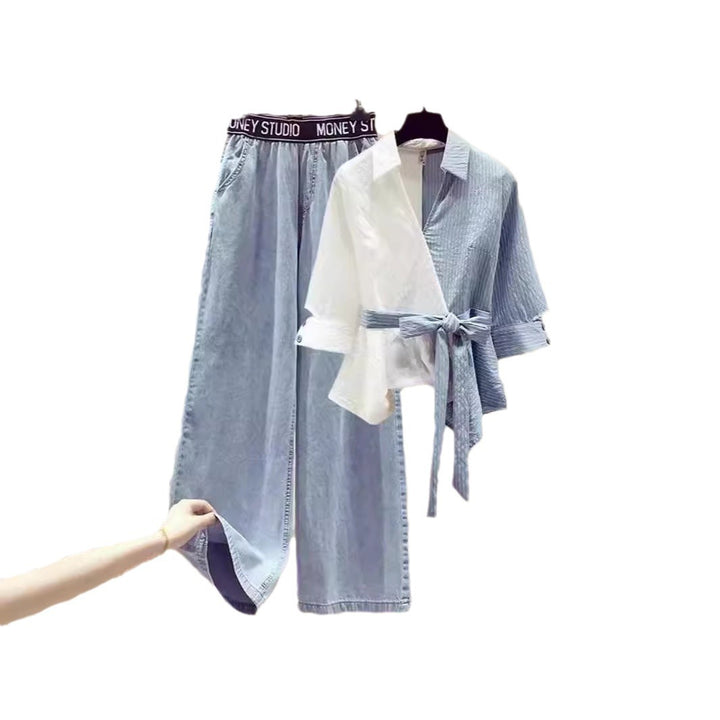 Damen Zweiteiliges Set mit lockerem, gestreiften Oberteil und weiter Jeans-Hose Drune