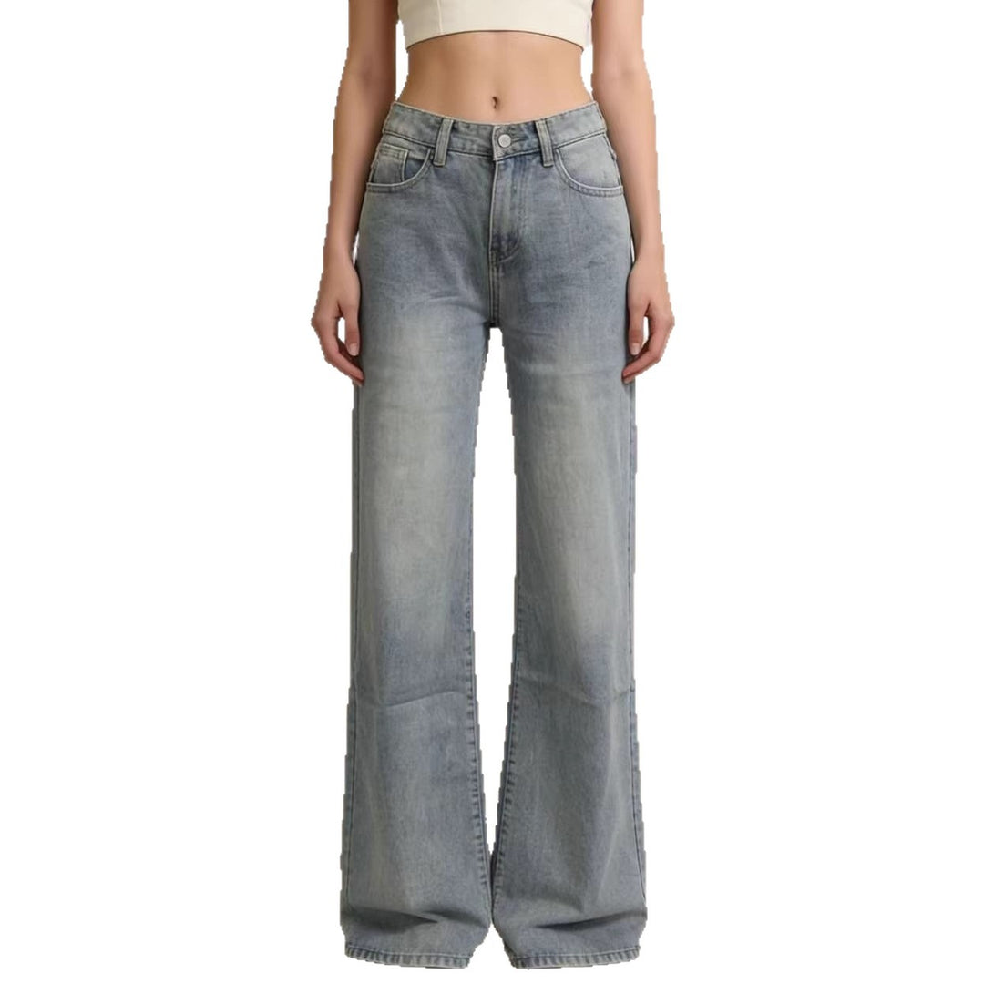 Damen weite Denim-Hose mit Vintage-Waschung und hoch geschnittenem Bund Drune