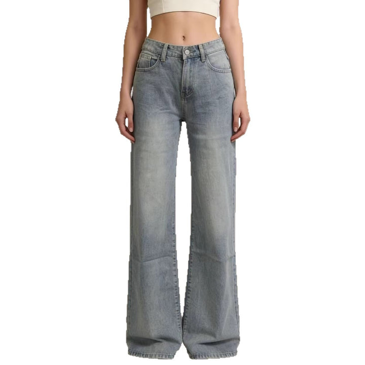 Damen weite Denim-Hose mit Vintage-Waschung und hoch geschnittenem Bund Drune