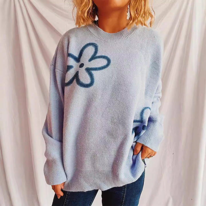 Damen lässiger Strickpullover mit floralem Design und oversized Schnitt Drune