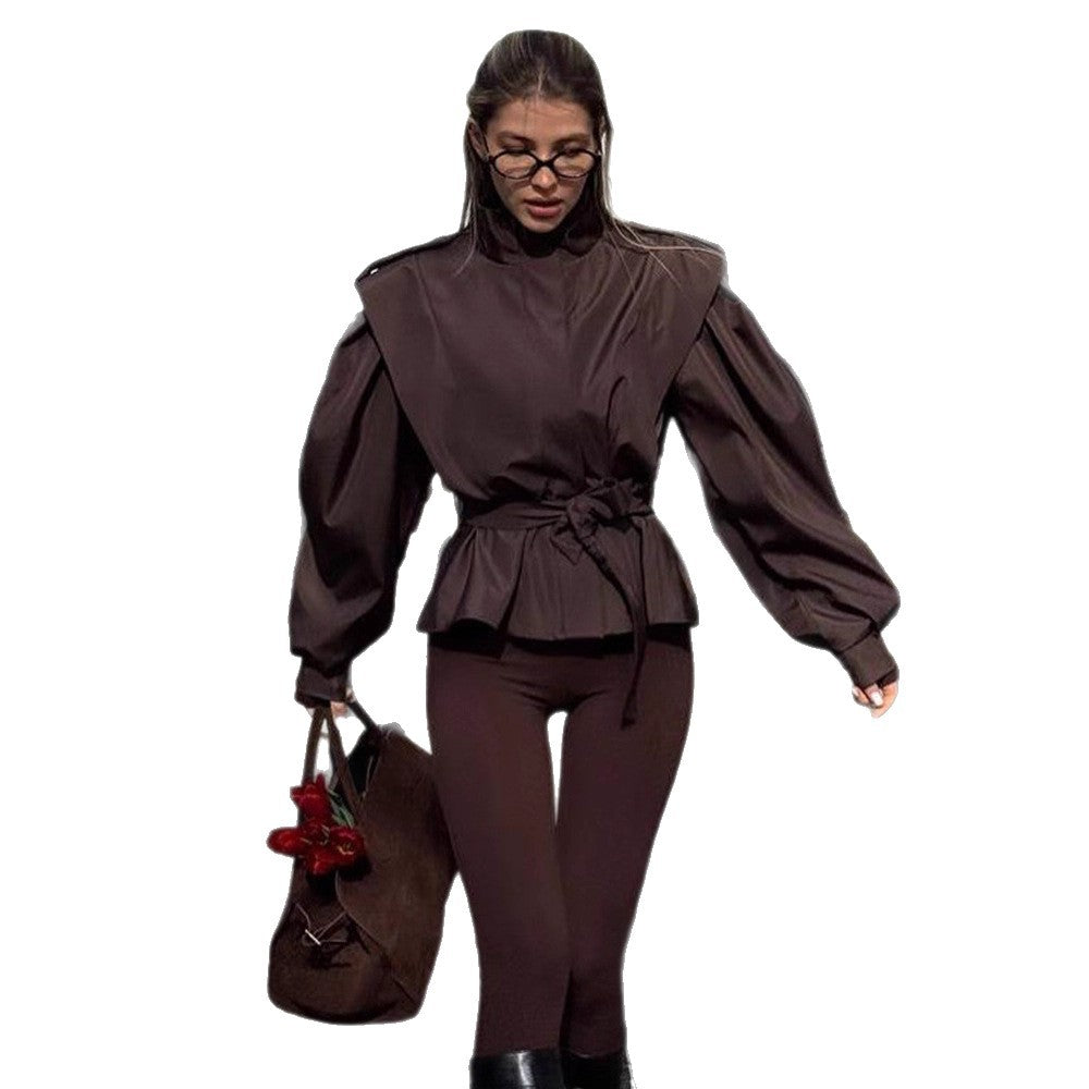 Damen Bluse mit hohen Kragen und elastischem Taillengürtel Drune