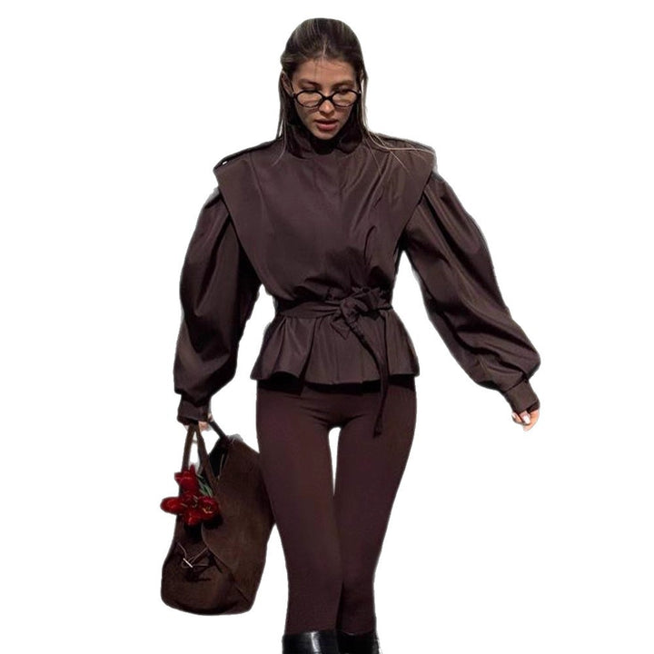 Damen Bluse mit hohen Kragen und elastischem Taillengürtel Drune