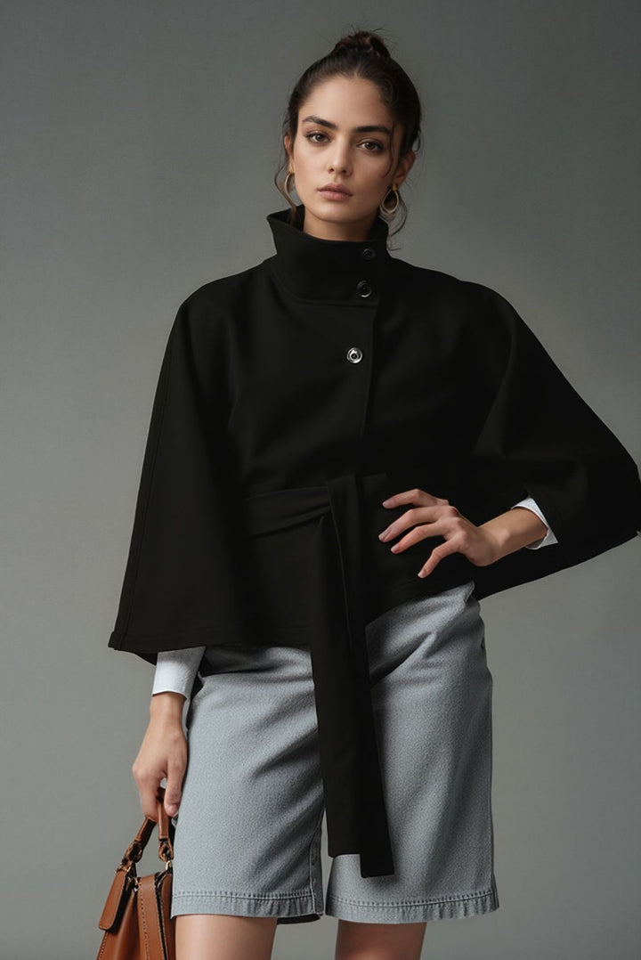 Damen nan kastiges Kurzcape Mantel mit Stehkragen und Bindegürtel Drune