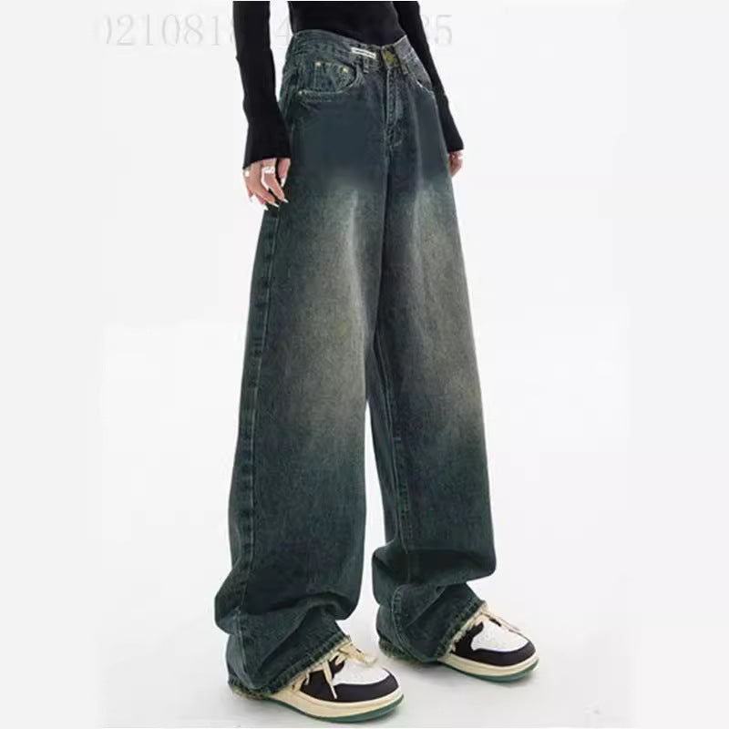 Damen nan hochgeschnittene extraweite Baggy-Jeans mit überlangem Saum und Vintageoptik Drune