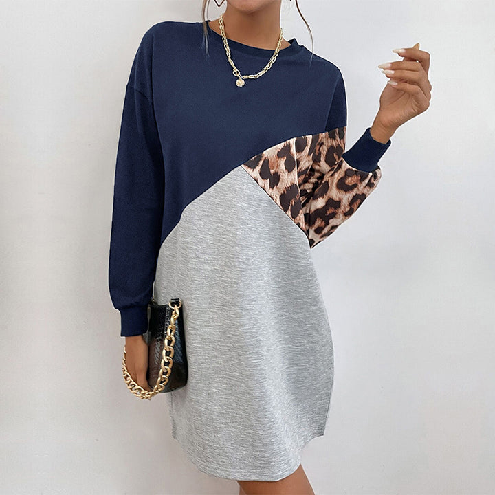 Damen lässiges Sweatkleid mit tierischem Muster und modischem Farbblock-Design Drune