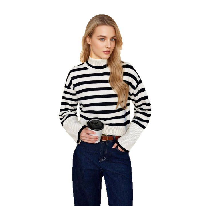 Damen Pullover mit hohem Kragen und modernem Streifenmuster Drune