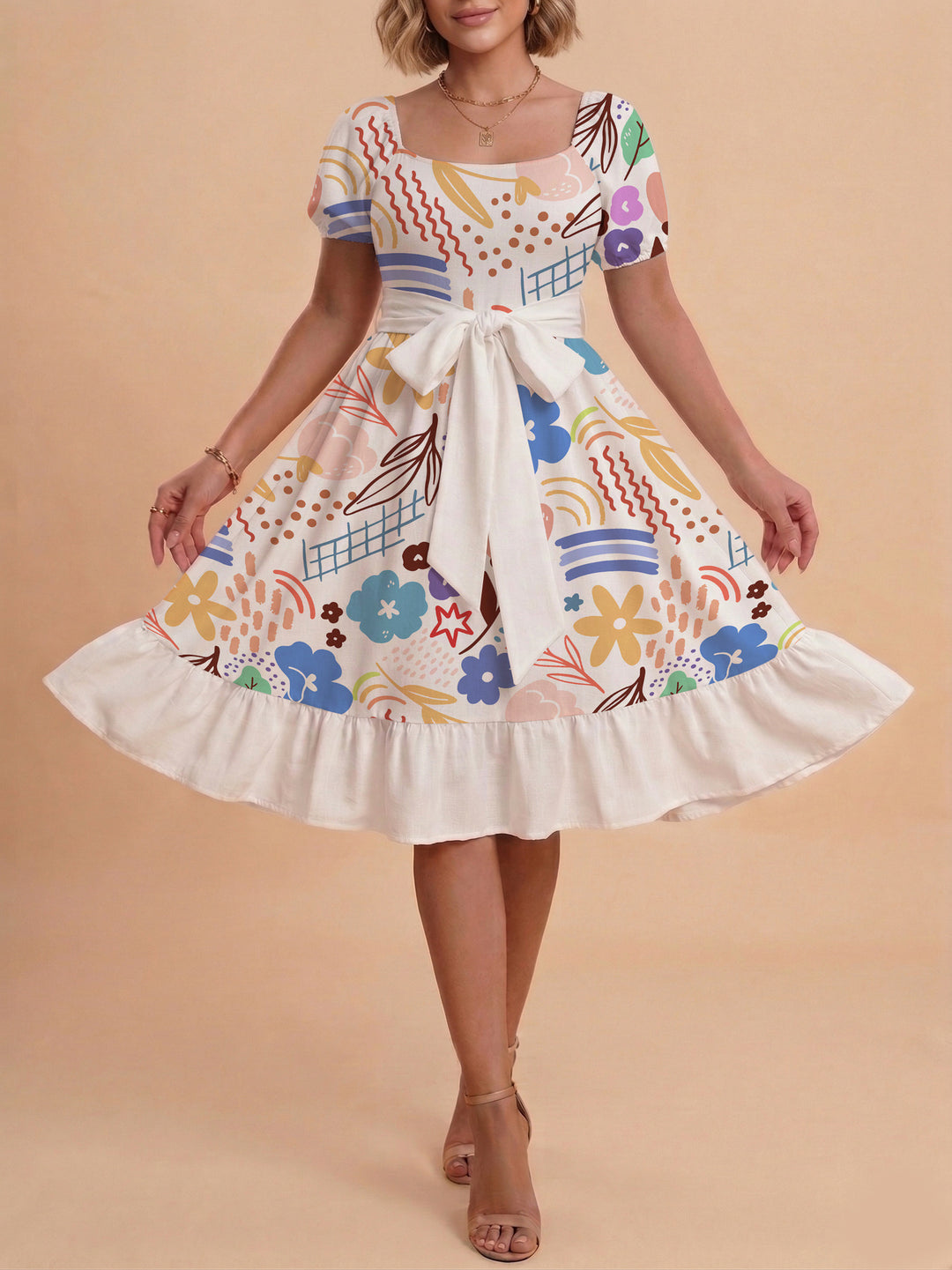 Damen Midi Kleid mit elegantem Blumendruck und tailliertem Gürtel Drune