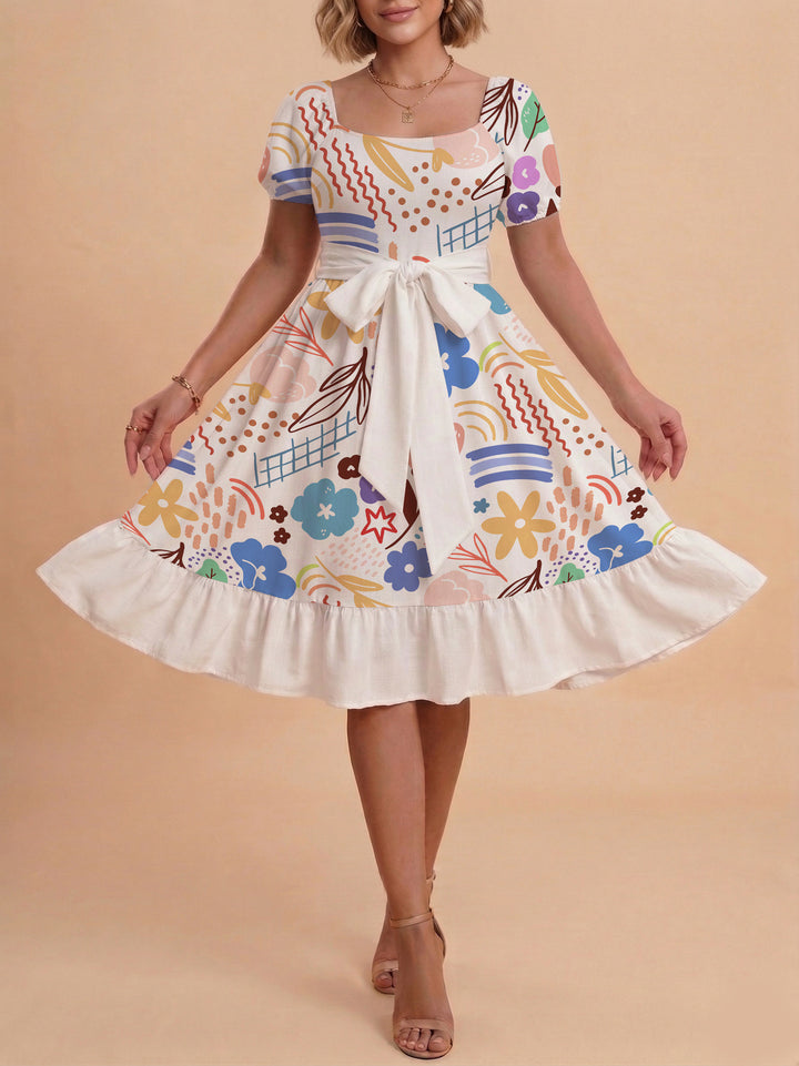Damen Midi Kleid mit elegantem Blumendruck und tailliertem Gürtel Drune