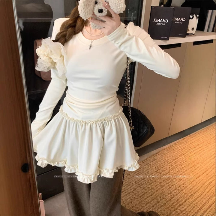 Damen elegantes Langarmshirt mit voluminösem Rüschensaum Drune