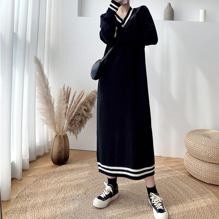 Damen Elegantes Strickkleid mit V-Ausschnitt und kontrastierenden Bündchen Drune