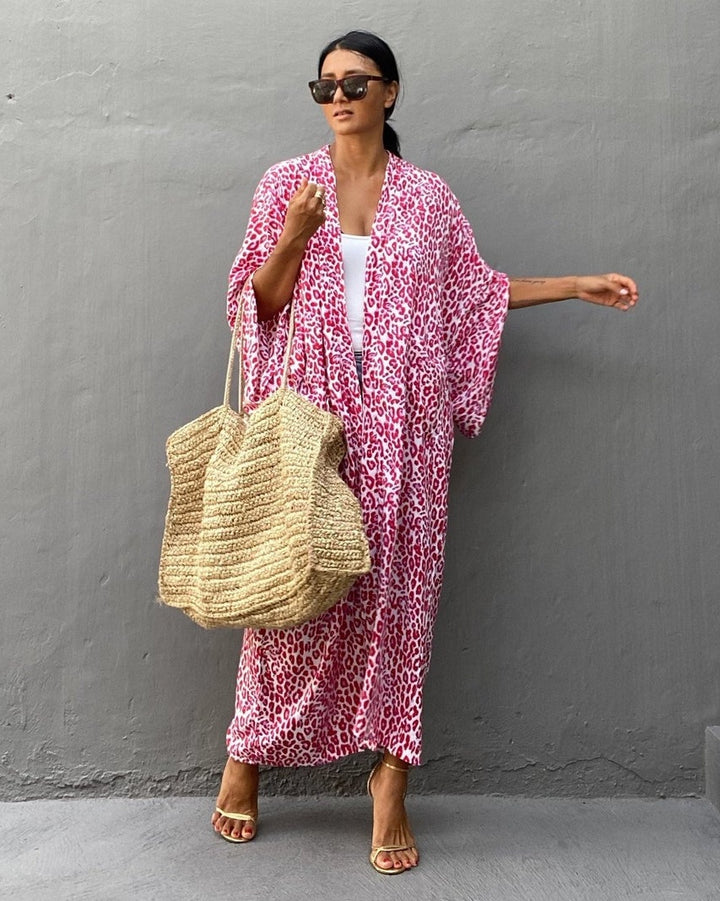 Damen Kimono-Robe mit Leopardenmuster Drune