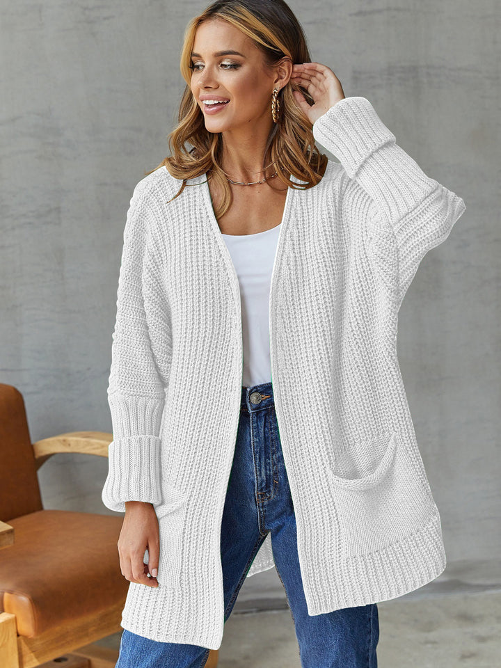 Damen Strukturierter Offener Strickcardigan mit Taschendetails Drune