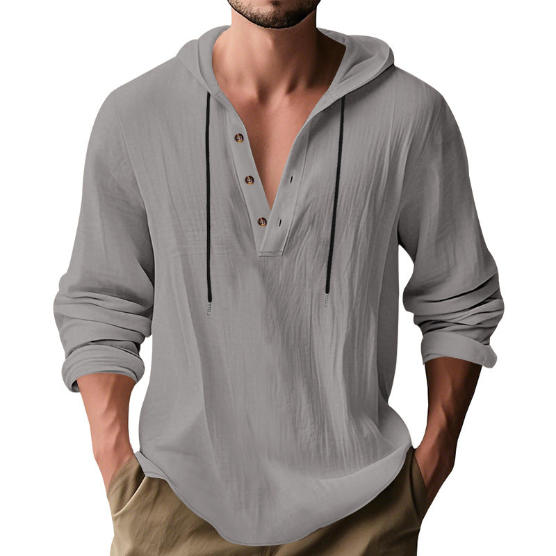 Herren nan lässiges Leinenhemd mit Kapuze und Henley-Knopfleiste Drune