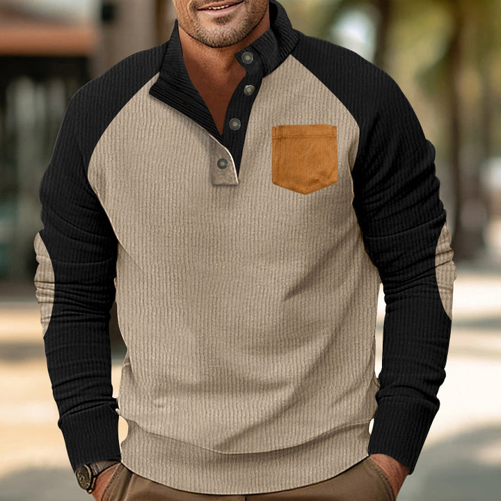 Herren nan strukturierter Halbknopf-Strickpullover im Cord-Look mit Raglanärmeln, aufgesetzter Brusttasche und Ellenbogenpatches Drune
