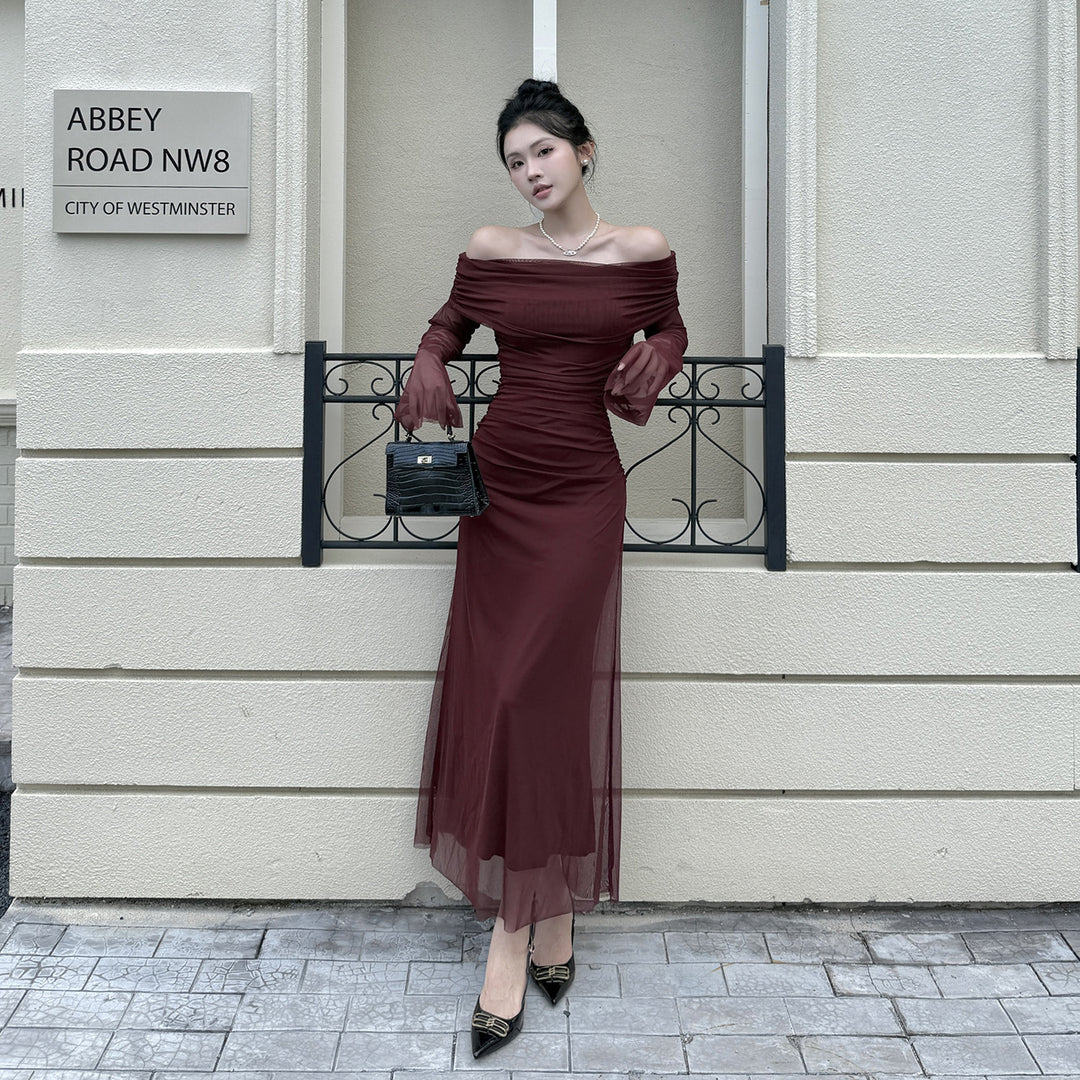 Damen Off-Shoulder Abendkleid mit gerafftem Design und langen Ärmeln Drune