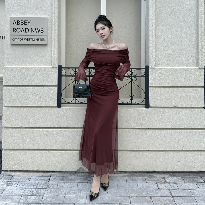 Damen Off-Shoulder Abendkleid mit gerafftem Design und langen Ärmeln Drune