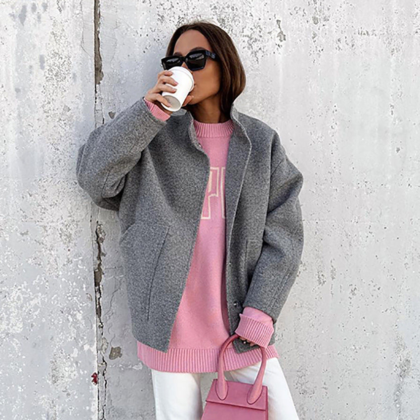 Damen Oversized Wolljacke mit hidden Knopfverschluss und praktischen Taschen Drune