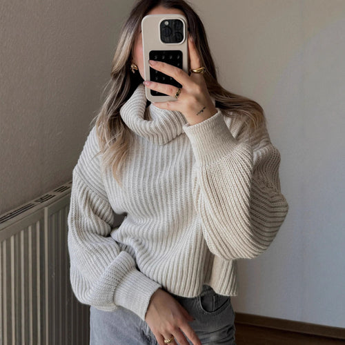 Damen Grobstrickpullover mit hohem Kragen und weit geschnittenen Ärmeln Drune