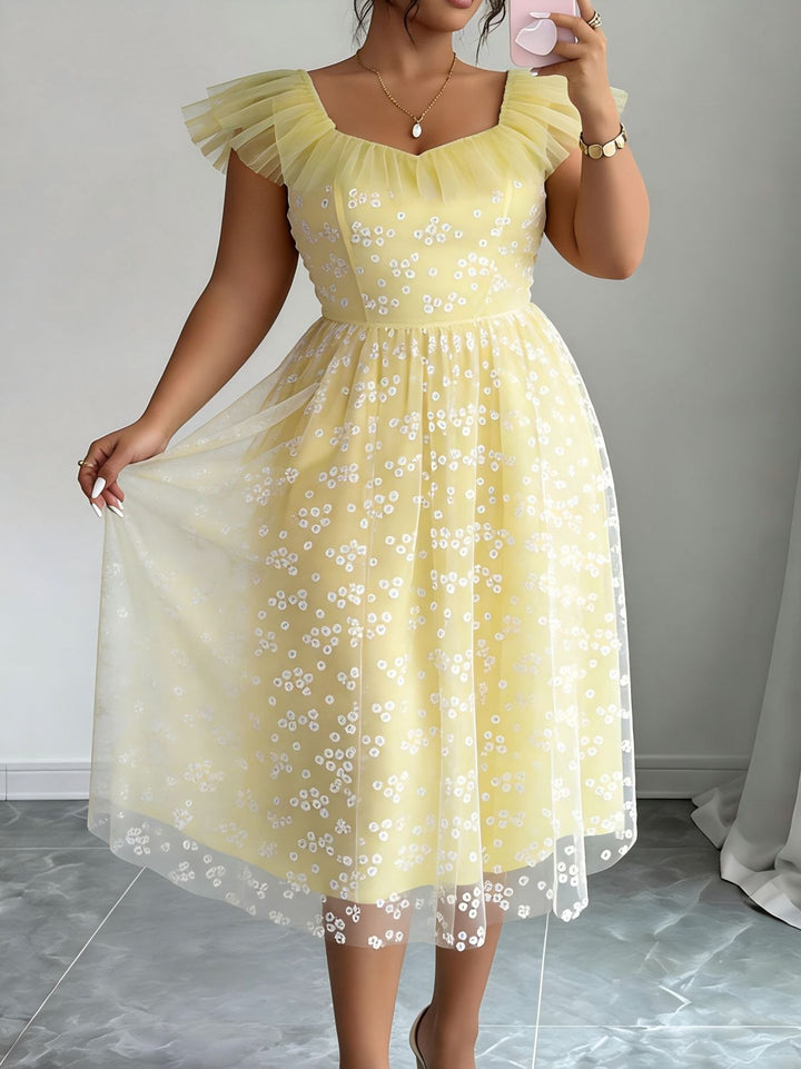 Damen Elegantes Tüllkleid mit floralem Muster und Puffärmeln Drune