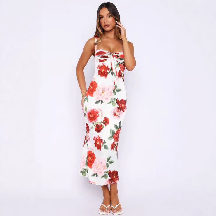 Damen figurbetontes Maxi-Kleid mit floralem Design und seitlichem Schlitz Drune