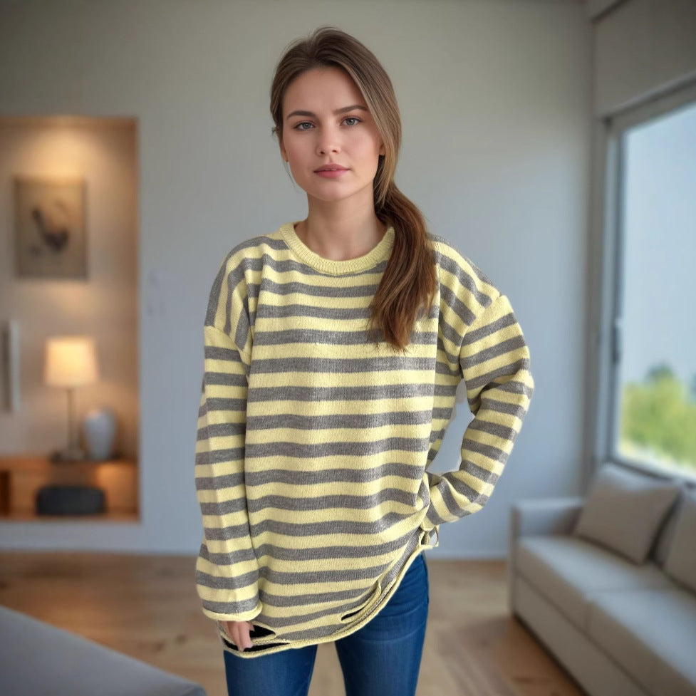 Damen gestrickter Oversized-Pullover mit lässigem Streifenmuster Drune