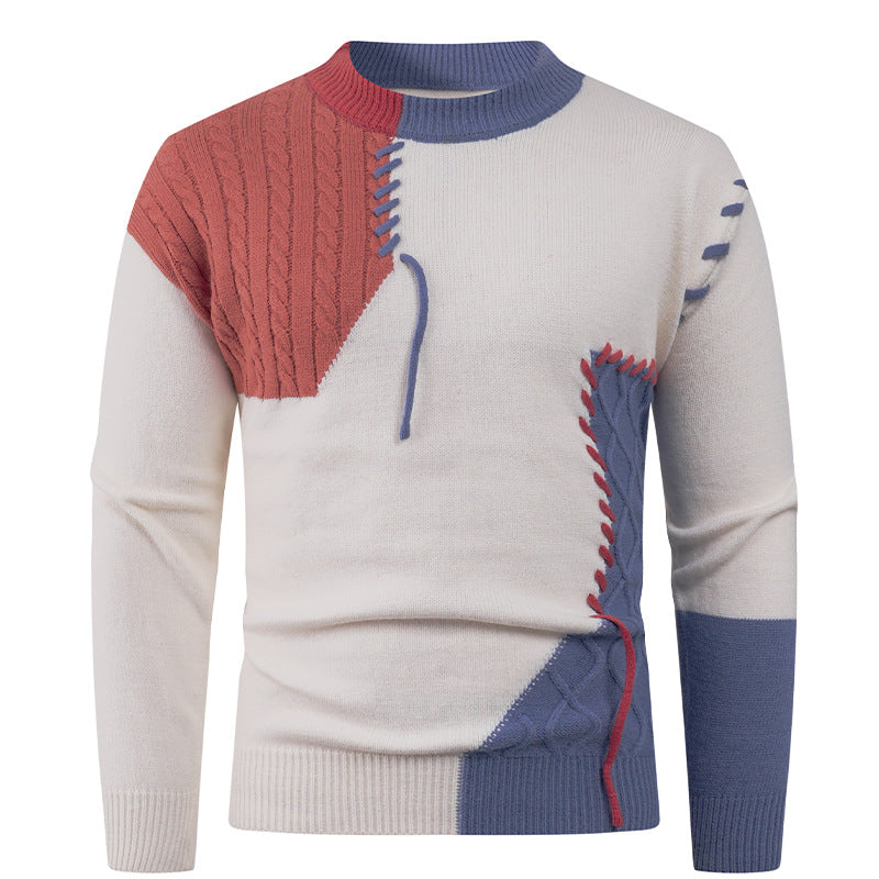 Herren nan Patchwork-Strickpullover mit Zopfstrick-Einsätzen und dekorativen Nahtapplikationen Drune