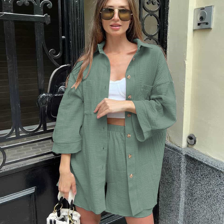 Damen nan lässiges Musselin-Zweiteiler Set mit Oversize-Hemd und elastischer Highwaist-Shorts Drune