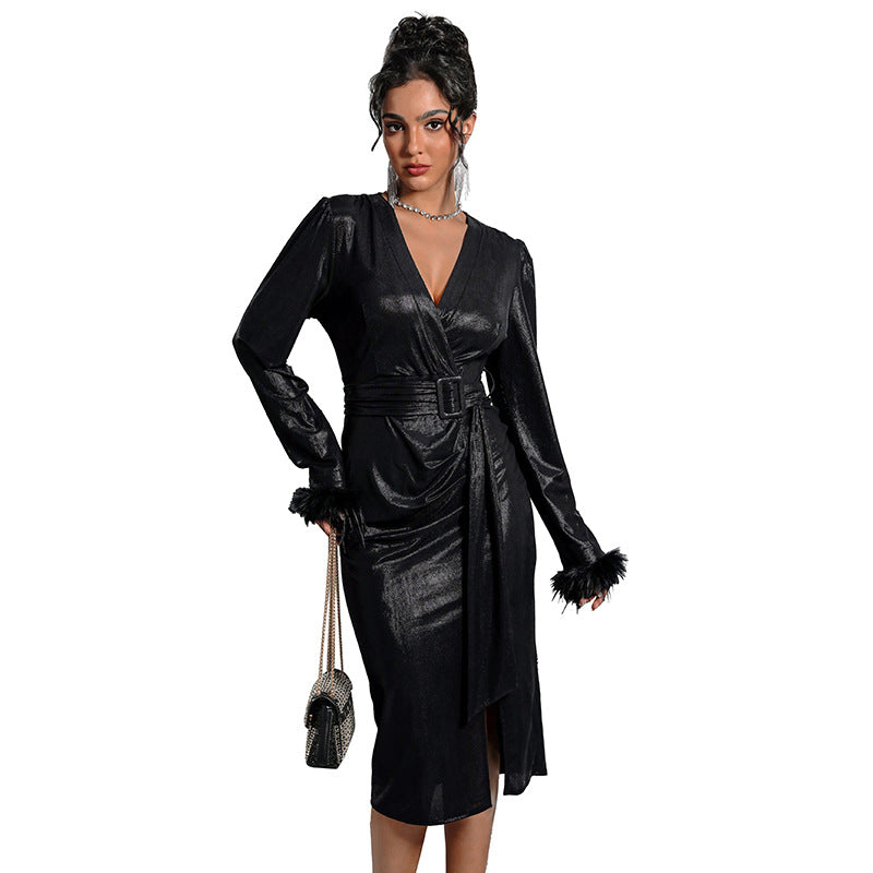 Damen elegantes Wickelkleid mit Rüschendetails und trendigem Taillengürtel Drune